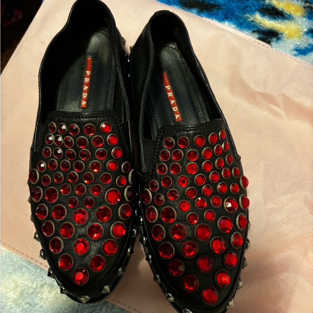 PRADA, Studded Black Crystal’s RED ❤️Leather slip Shoes size (36-5)6-1/2